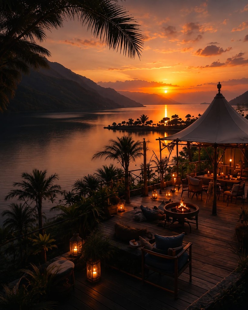 Luxury glamping terrace at golden sunset